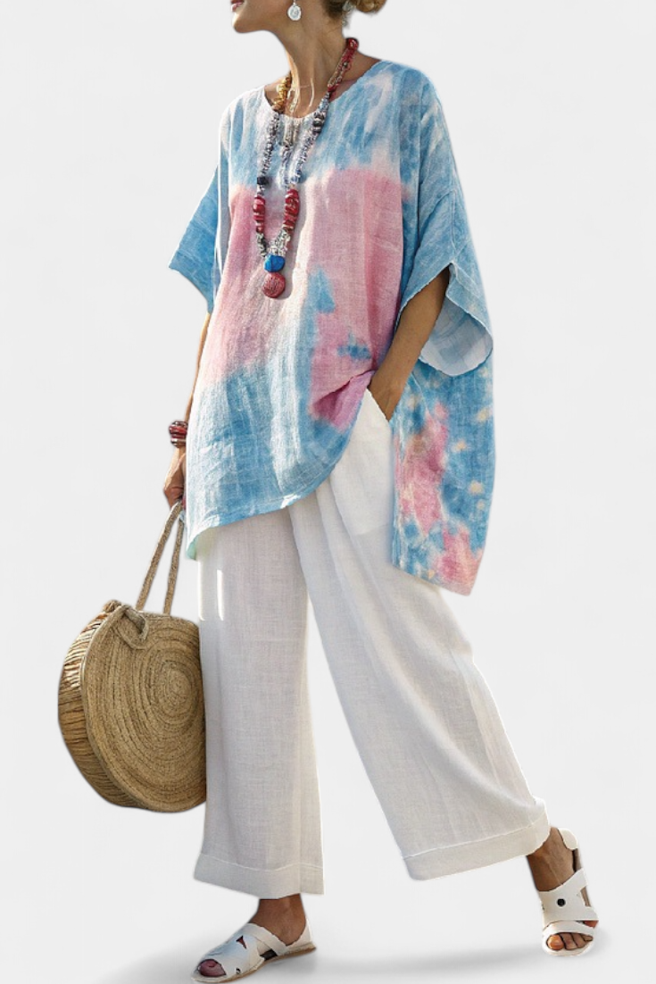 Vantrel | Top in Lino Confortevole e Relaxed & Pantaloni a Righe in Bamboo
