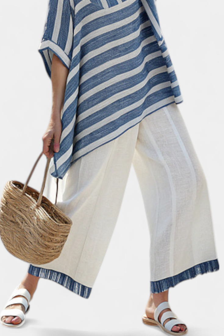 Corvielle | Top Blu a Righe Sofisticato e Pantaloni con Dettagli sul Orlo