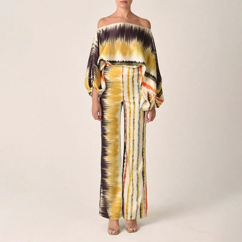 Wave Print Off-Shoulder Two-Piece Set