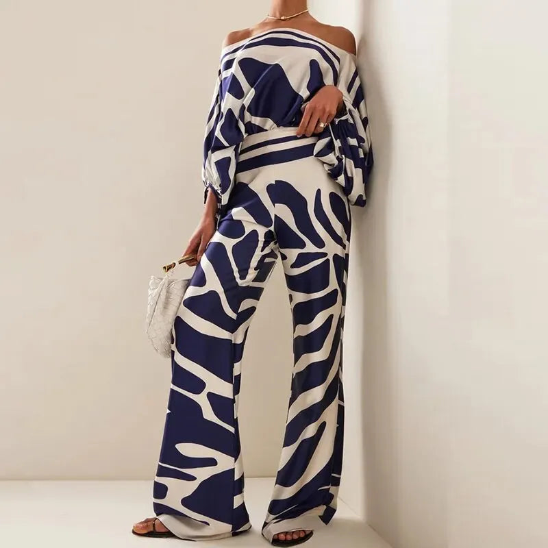 Wave Print Off-Shoulder Two-Piece Set
