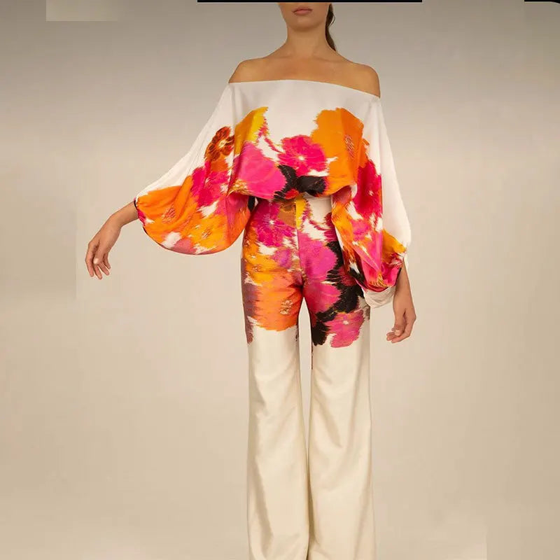 Wave Print Off-Shoulder Two-Piece Set