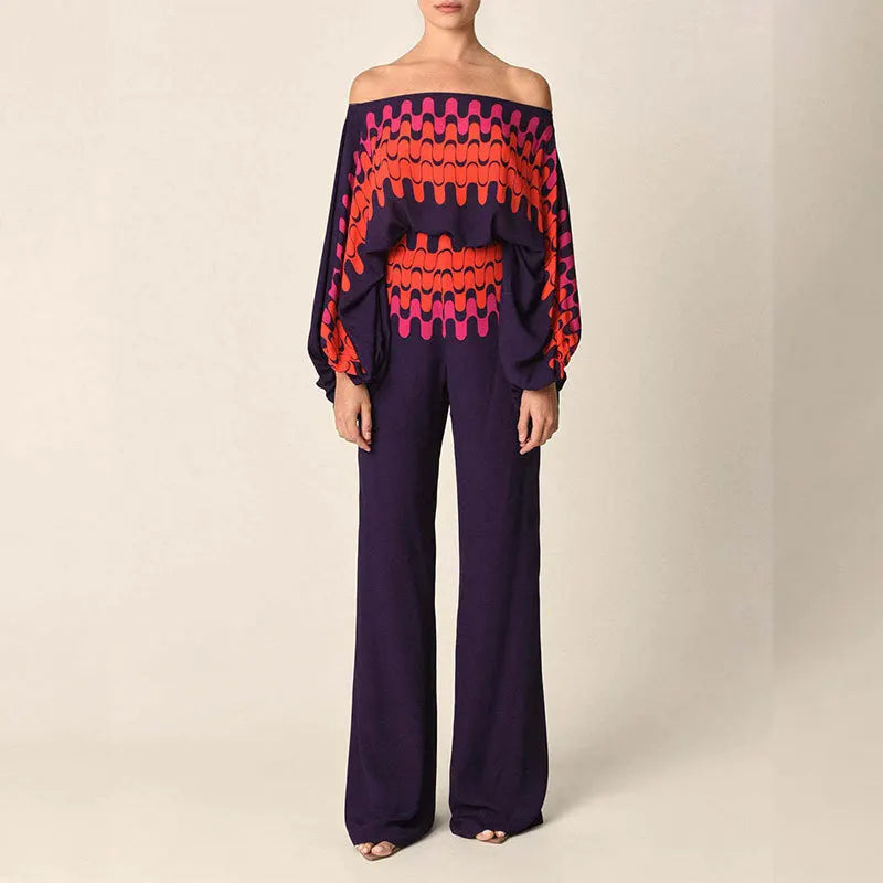 Wave Print Off-Shoulder Two-Piece Set