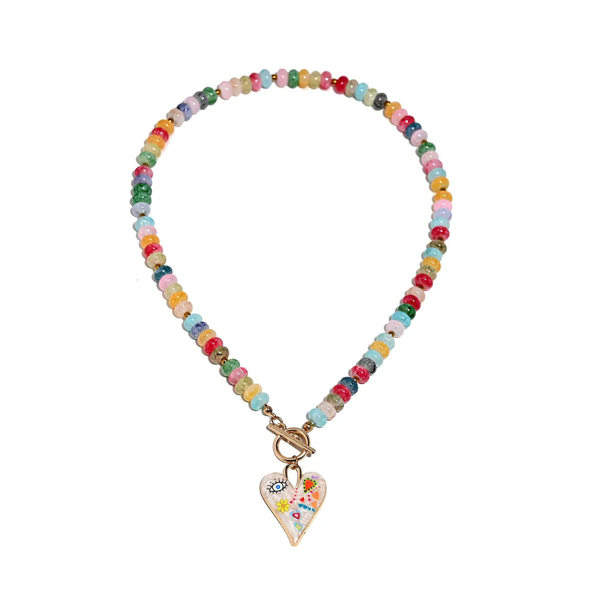 Collar de cuentas de piedras preciosas multicolor con colgante de corazón pintado.