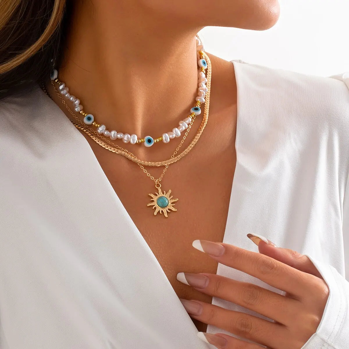 Conjunto de collares superpuestos Parel y Ojo Turco – Colgante de sol estilo bohemio