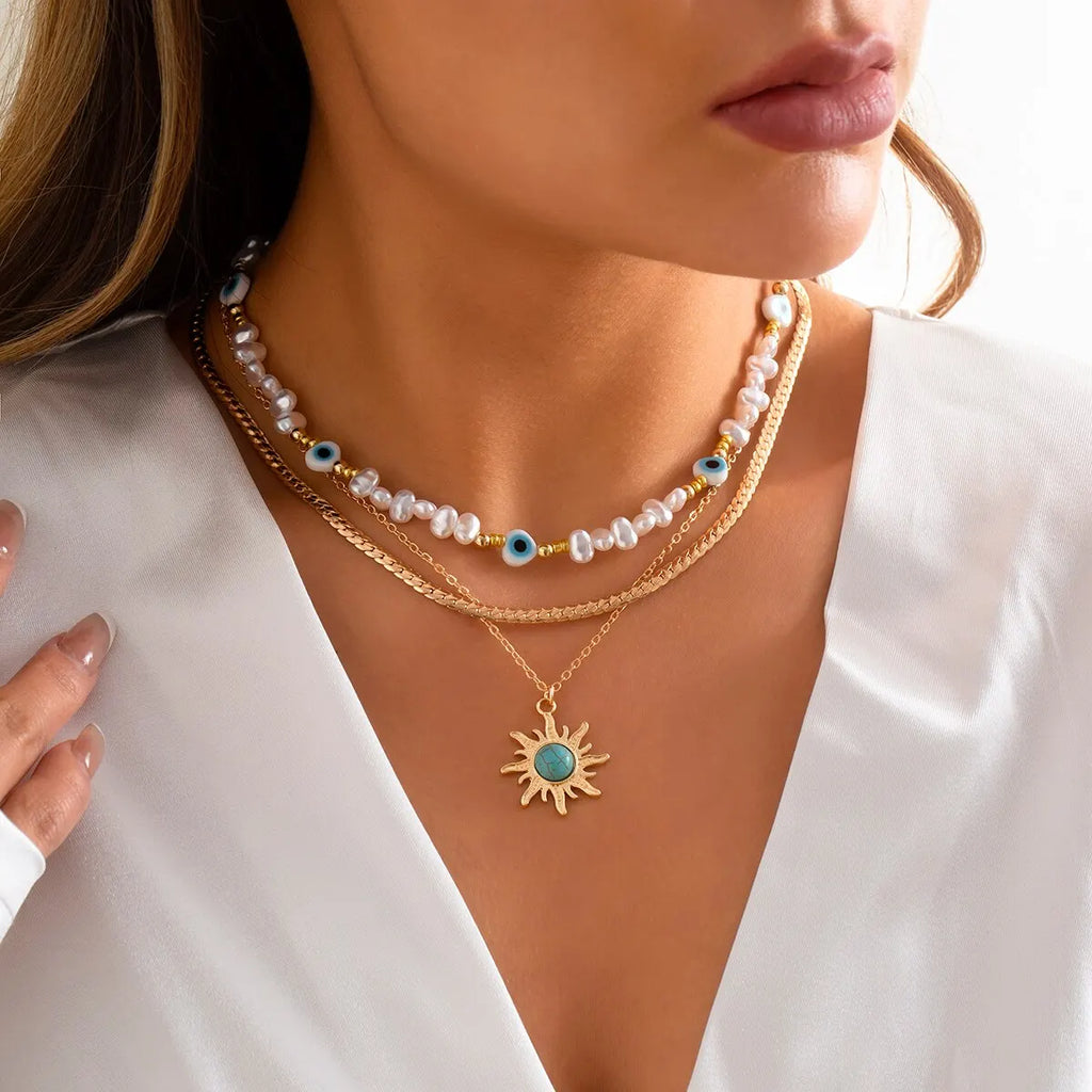 Conjunto de collares superpuestos Parel y Ojo Turco – Colgante de sol estilo bohemio