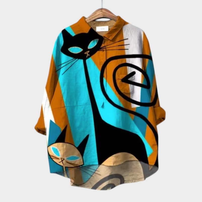 Liliana™ | Blusa in Lino Senza Tempo con Gatti Colorati per Comfort