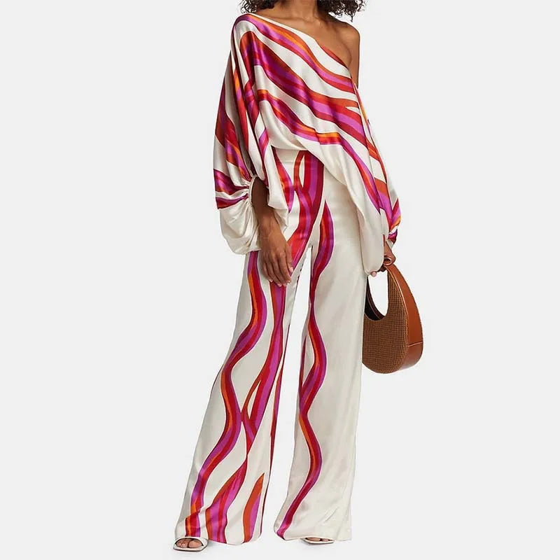 Wave Print Off-Shoulder Two-Piece Set