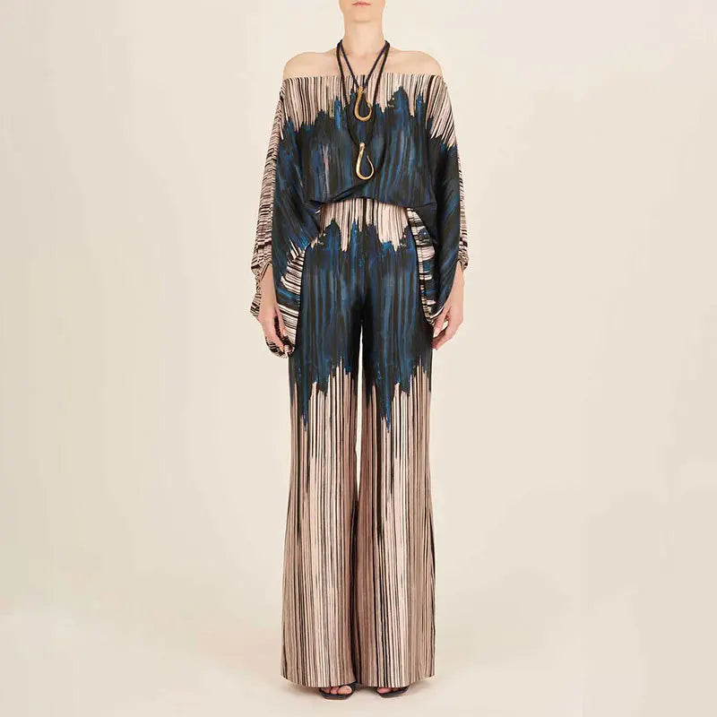Wave Print Off-Shoulder Two-Piece Set