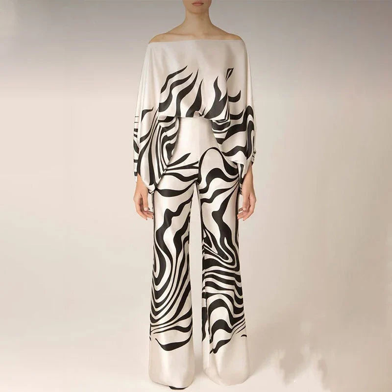 Wave Print Off-Shoulder Two-Piece Set