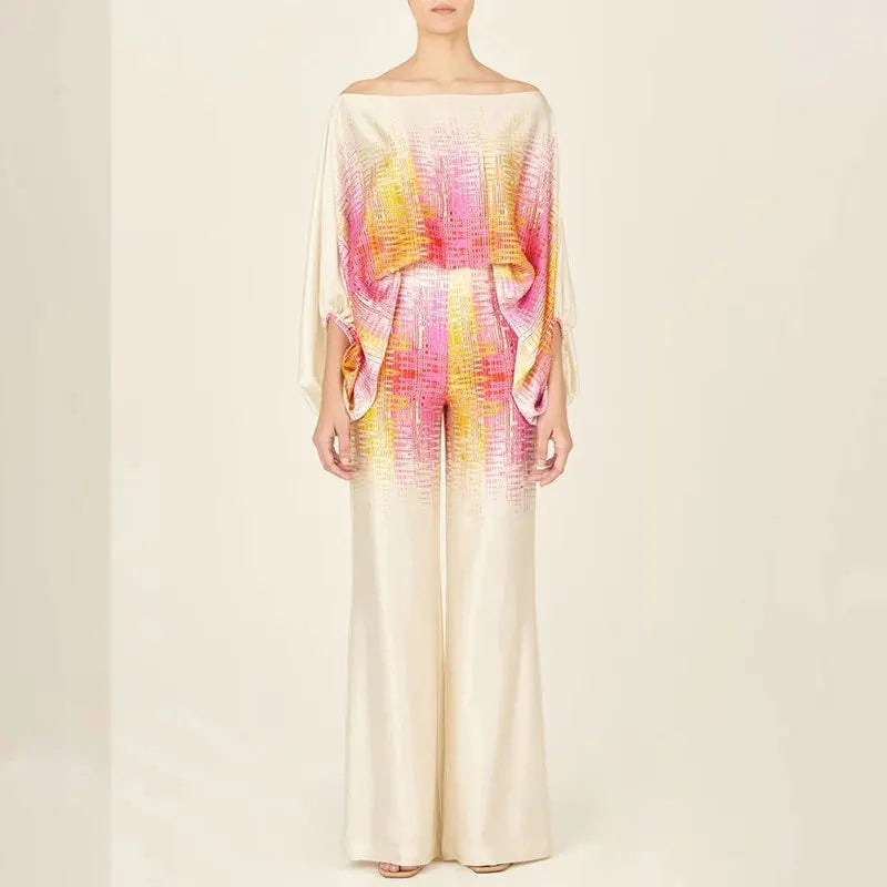 Wave Print Off-Shoulder Two-Piece Set