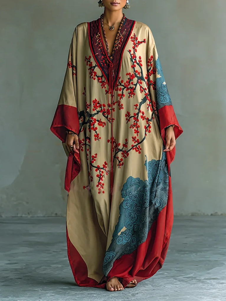 Maxi Abito in Stile Vintage con Maniche a Pipistrello e Stampa di Fiori di Susino Giapponese
