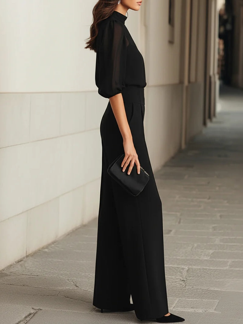 Jessica | Completo nero a tre pezzi, composto da un top in chiffon trasparente e pantaloni a gamba larga