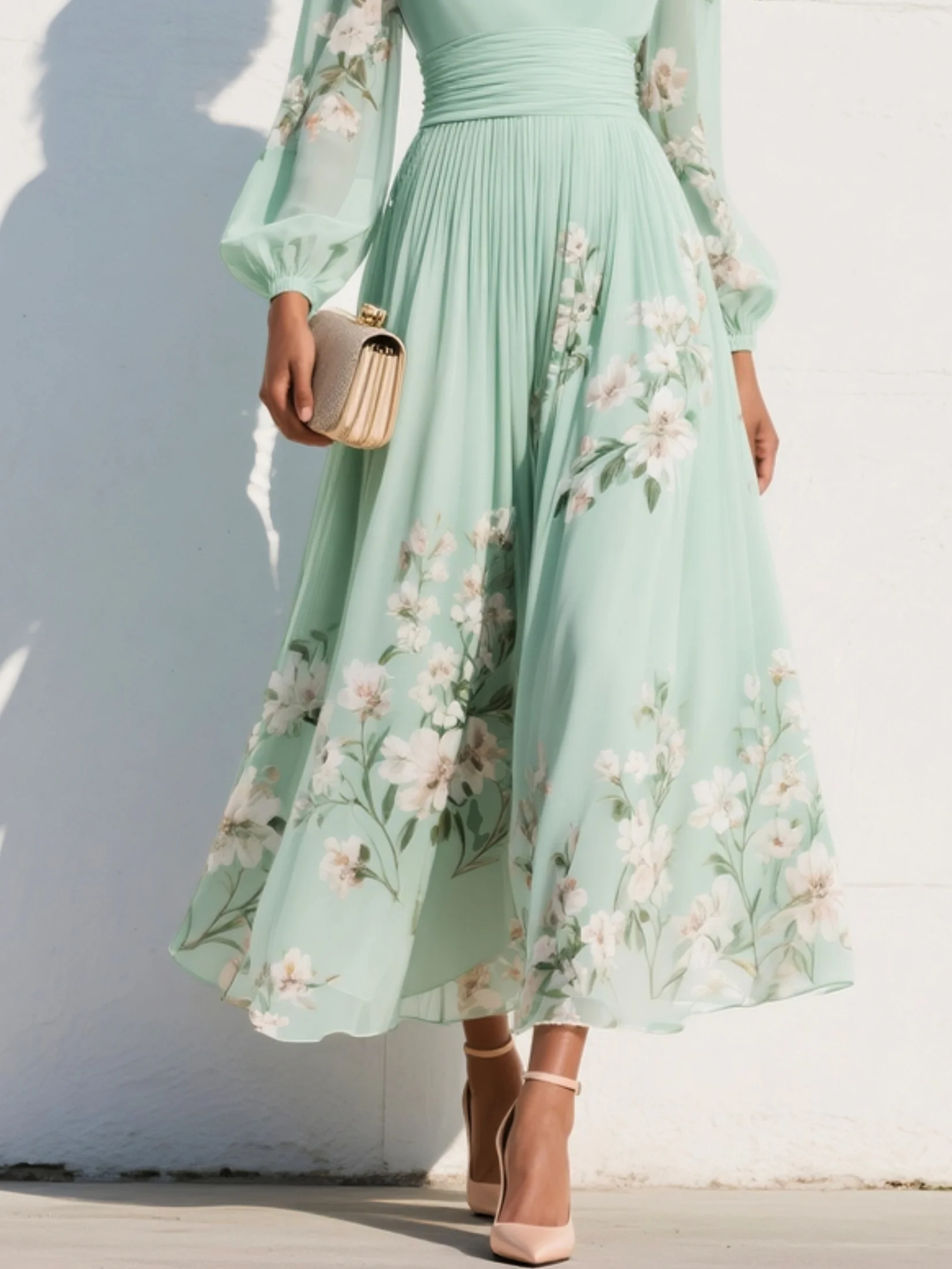 Abito Maxi Plissè in Chiffon Verde Menta con Stampa Floreale per Donne