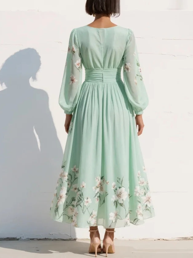 Abito Maxi Plissè in Chiffon Verde Menta con Stampa Floreale per Donne