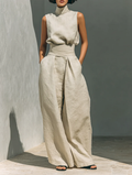 Aurora • Set composto da top senza maniche beige in misto cotone-lino finto e pantaloni a gamba larga