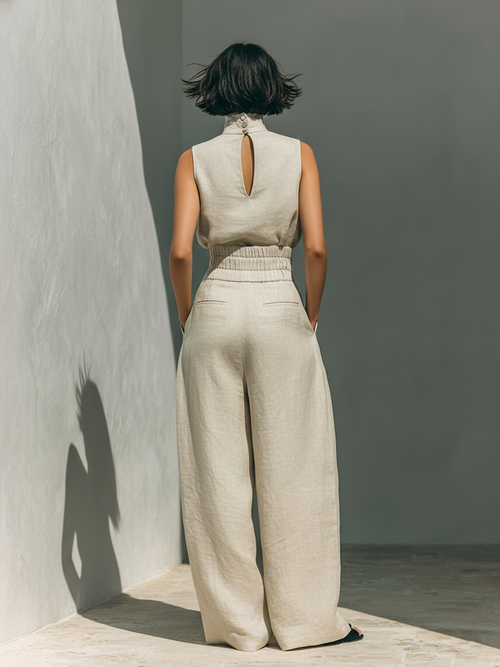 Aurora • Set composto da top senza maniche beige in misto cotone-lino finto e pantaloni a gamba larga