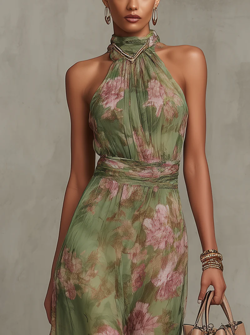 Serena - Abito lungo verde floreale in chiffon con scollo a halter