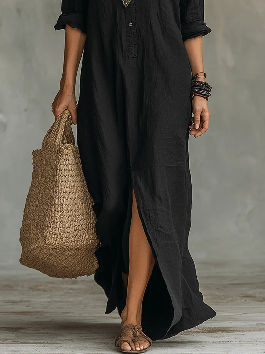 Soline | Abito Maxi Nero Ampio con Bottoni