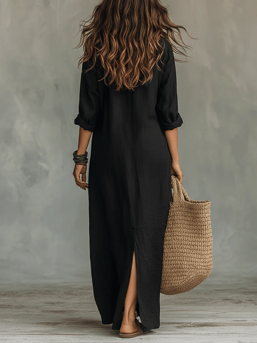 Soline | Robe Maxi Noire Ample avec Boutons