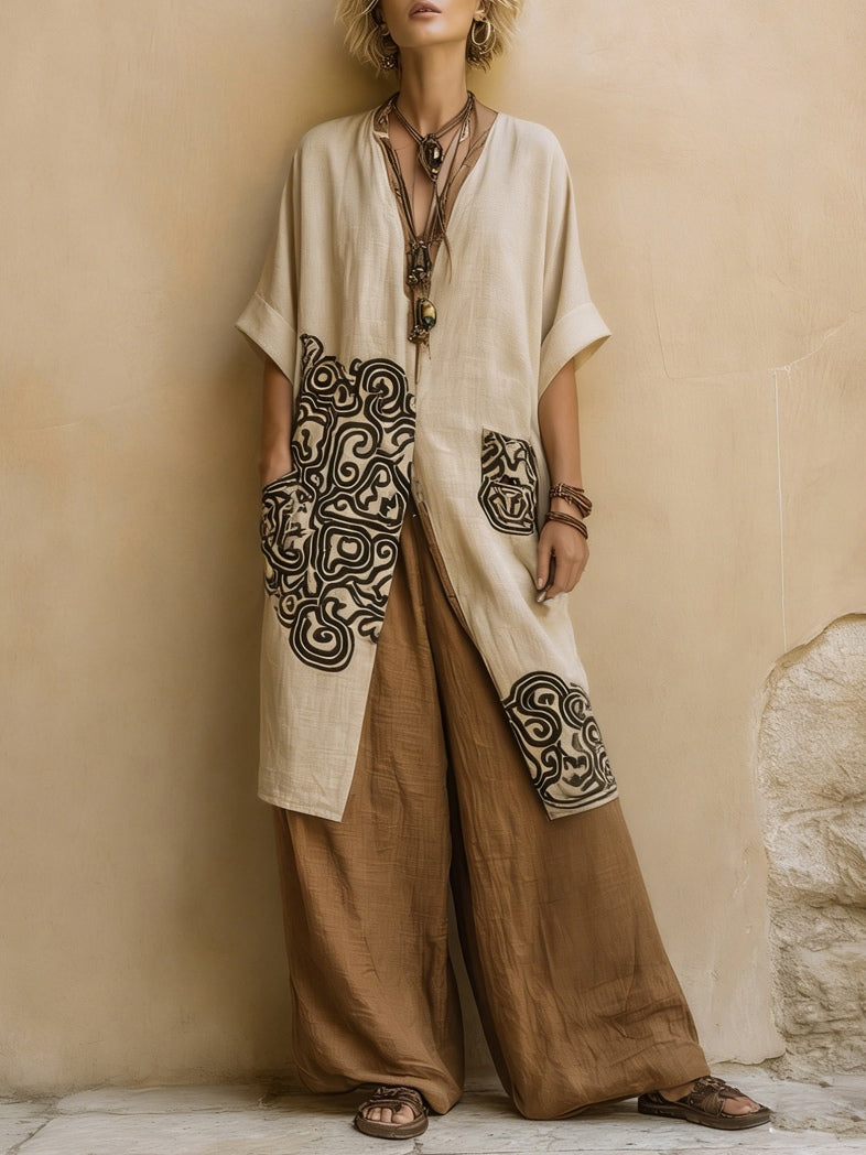 Giulia - Set Tre Pezzi Bohemien Nomade Grigio Scuro e Marrone con Motivo Tribale