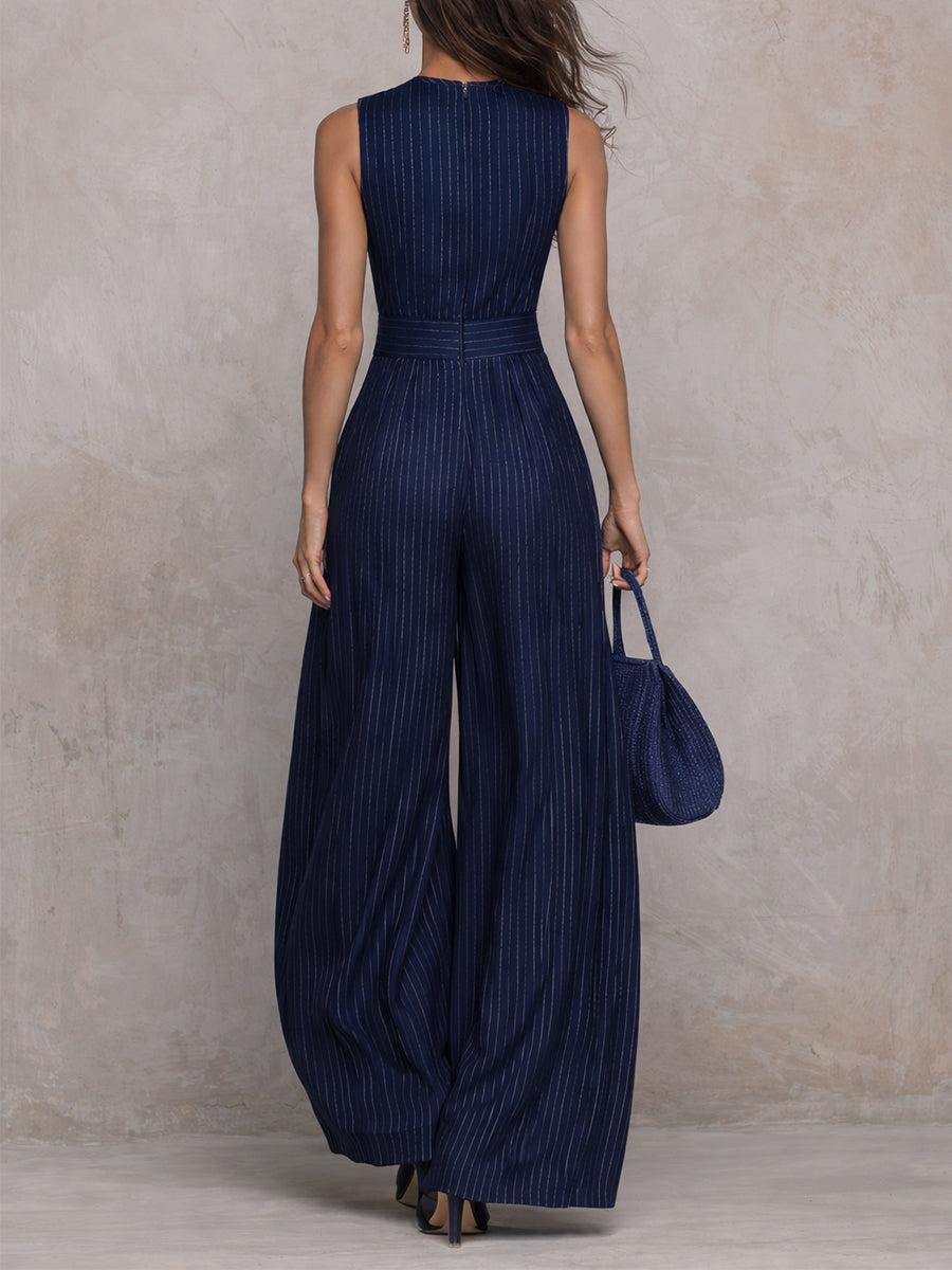 Anna - Tuta blu scuro a righe con scollo a chiave e pantaloni a gamba larga