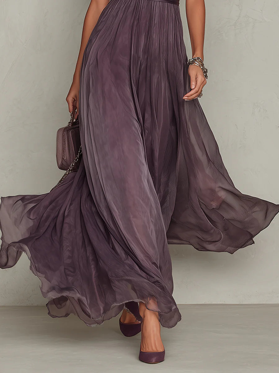 Flavia - Vestido de primavera, largo morado con escote en forma de gota y ribete de encaje de gasa