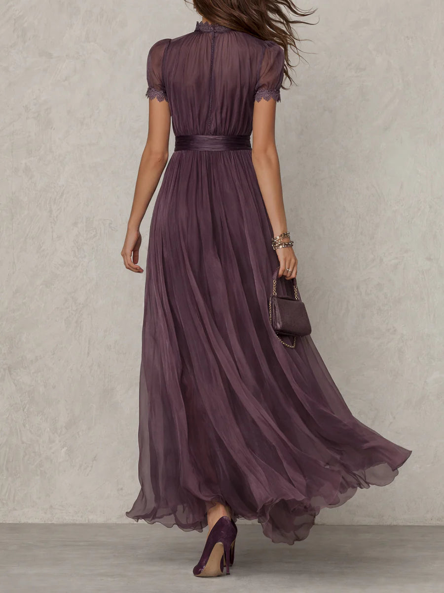 Flavia - Vestido de primavera, largo morado con escote en forma de gota y ribete de encaje de gasa