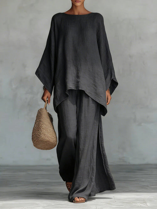 Beatrice - Conjunto  esencial de top y pantalones holgados en mezcla de lino de estilo minimalista