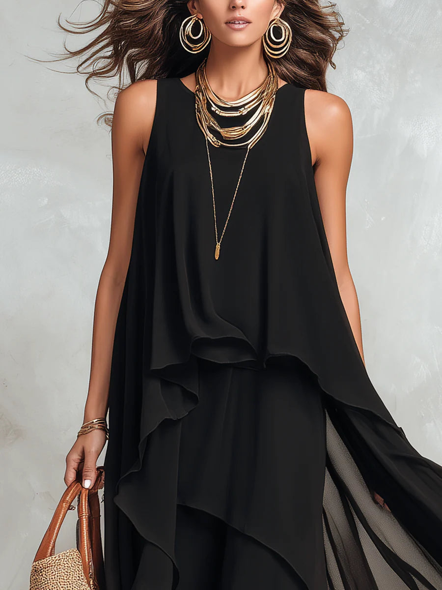 Abito Maxi Senza Maniche in Chiffon Nero con Collo Rotondo a Strati