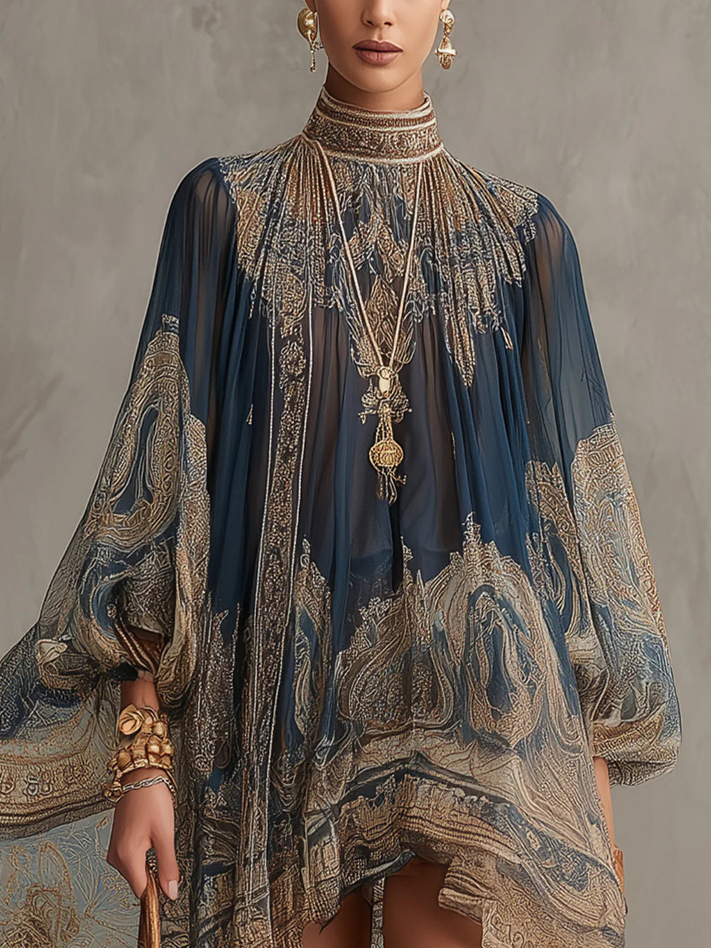 Bérénice | Vestido Mini de Muselina Asimétrica con Estampado Barroco en Azul Marino y Cuello Alto