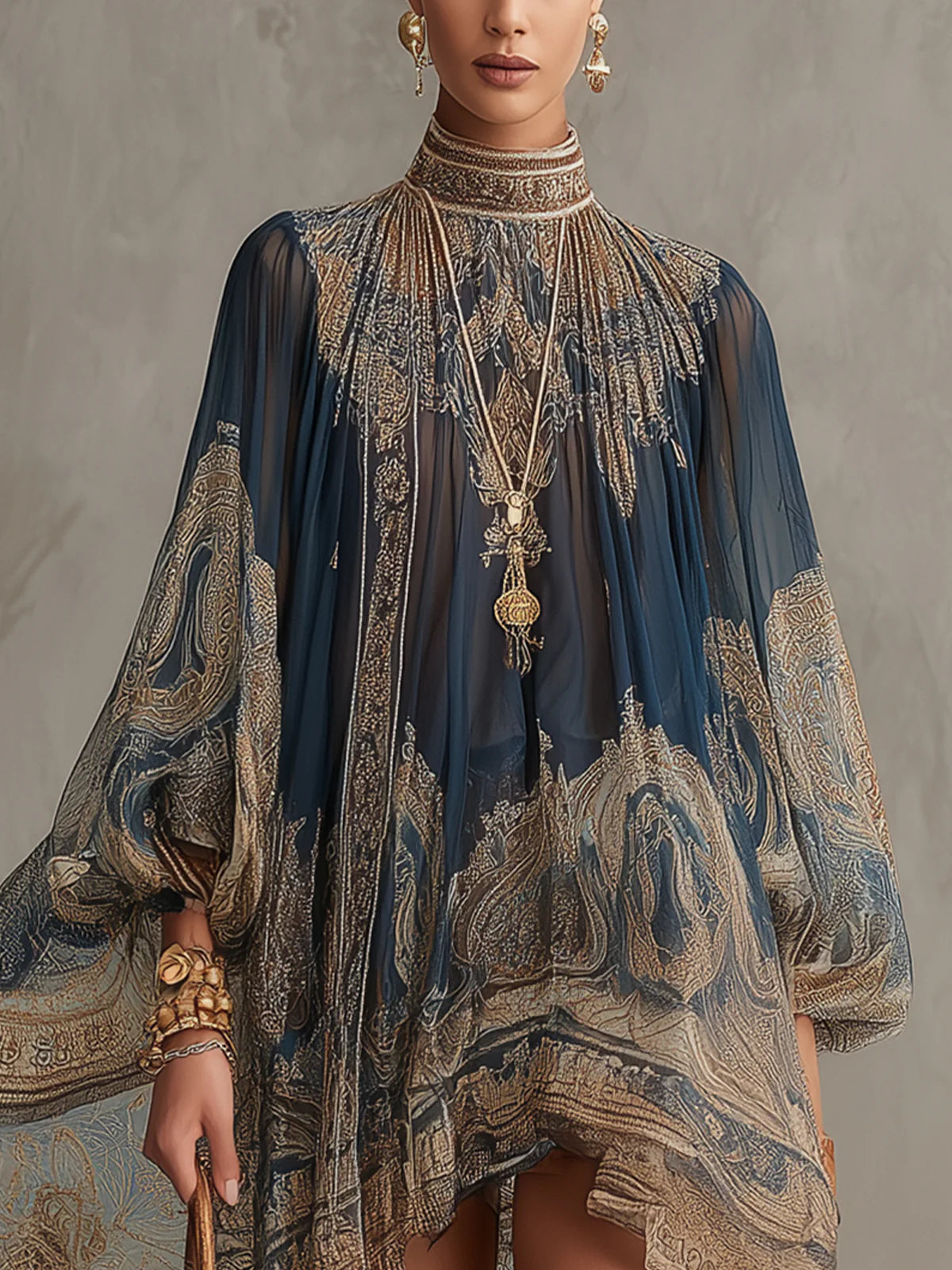 Bérénice | Vestido Mini de Muselina Asimétrica con Estampado Barroco en Azul Marino y Cuello Alto