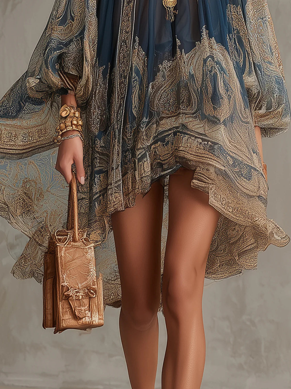 Bérénice | Vestido Mini de Muselina Asimétrica con Estampado Barroco en Azul Marino y Cuello Alto