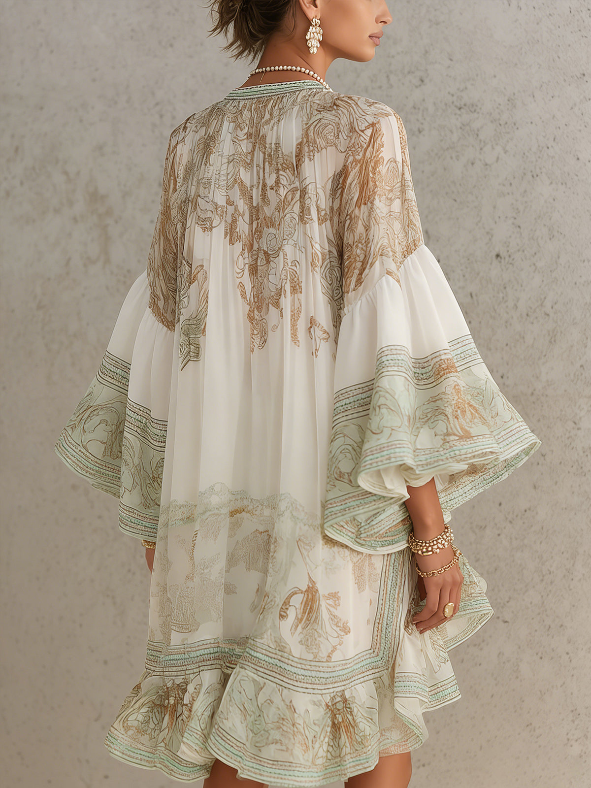 Rosalie | Vestido Mini de Muselina con Mangas Volantes y Dobladillo Rayado Verde