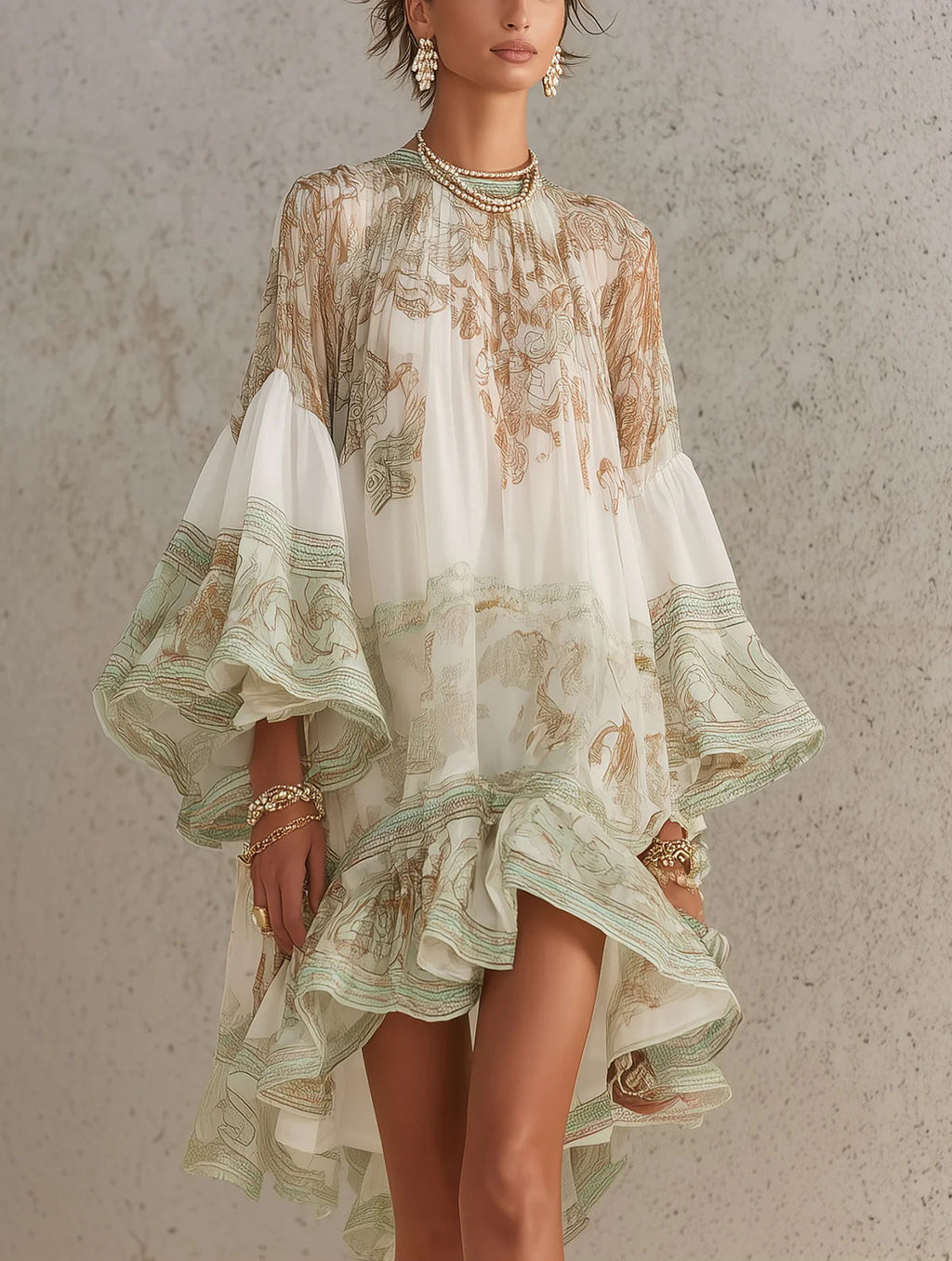 Rosalie | Vestido Mini de Muselina con Mangas Volantes y Dobladillo Rayado Verde