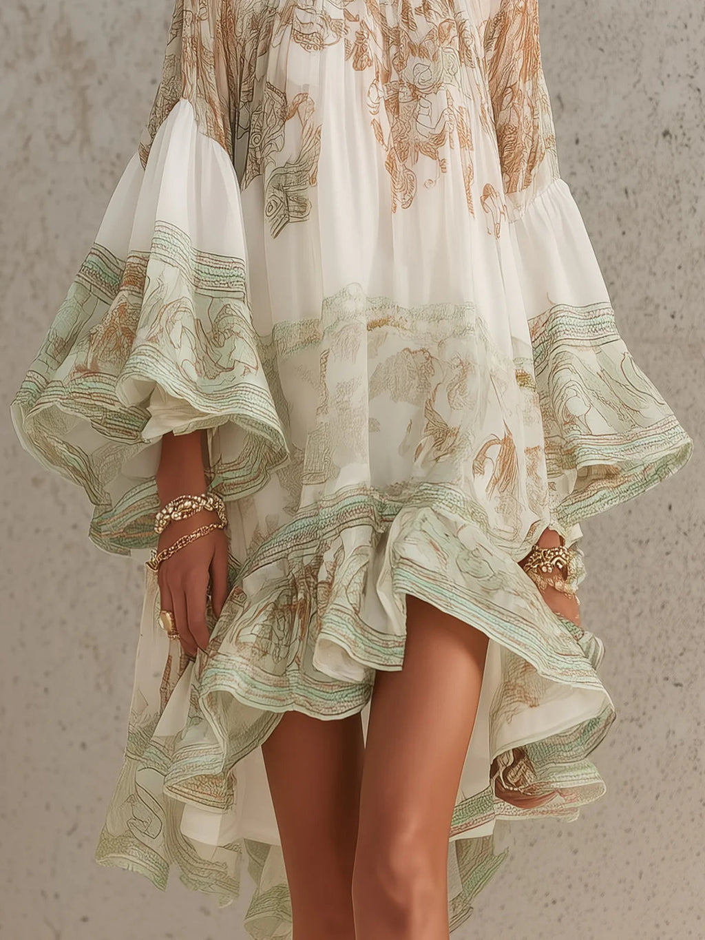 Rosalie | Vestido Mini de Muselina con Mangas Volantes y Dobladillo Rayado Verde