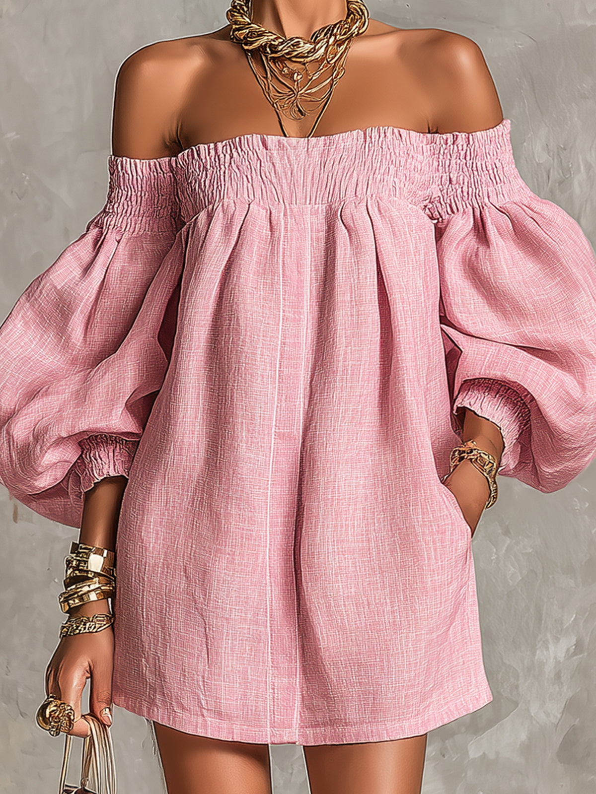 Violette | Vestido Mini Trapecio Rosa con Mangas de Linterna y Hombros Descubiertos