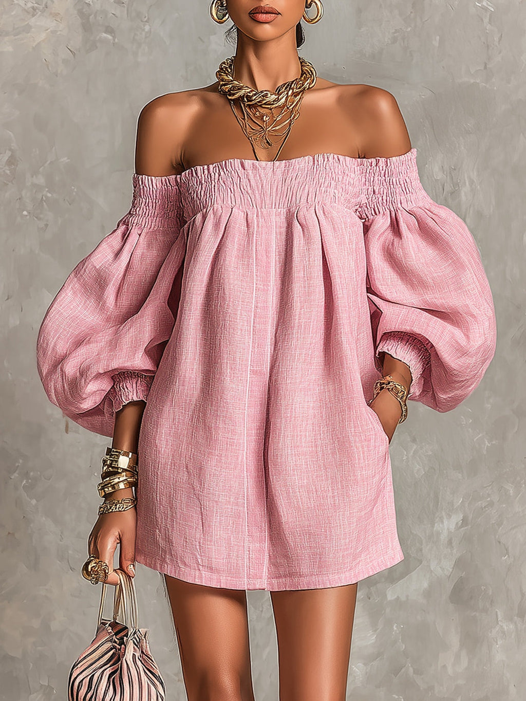Violette | Vestido Mini Trapecio Rosa con Mangas de Linterna y Hombros Descubiertos