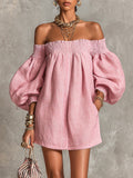 Violette | Vestido Mini Trapecio Rosa con Mangas de Linterna y Hombros Descubiertos