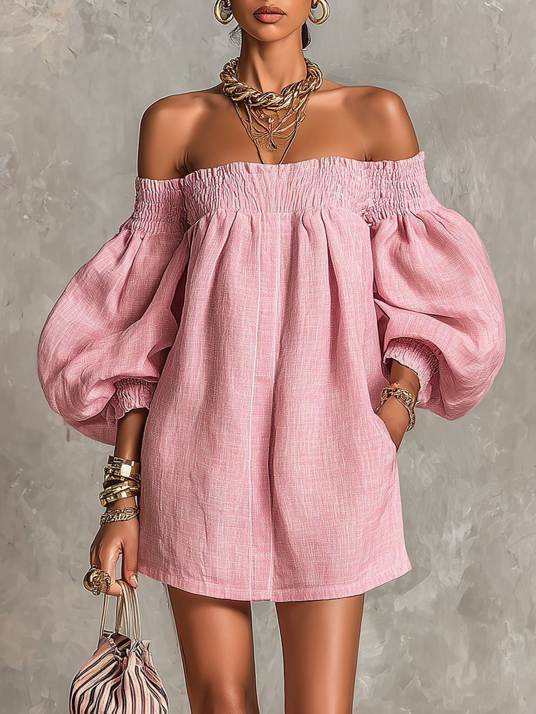 Violette | Vestido Mini Trapecio Rosa con Mangas de Linterna y Hombros Descubiertos