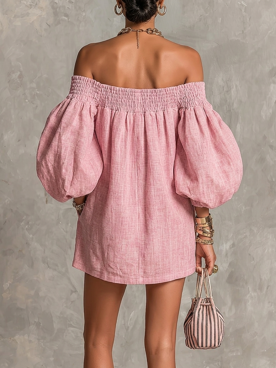Violette | Vestido Mini Trapecio Rosa con Mangas de Linterna y Hombros Descubiertos