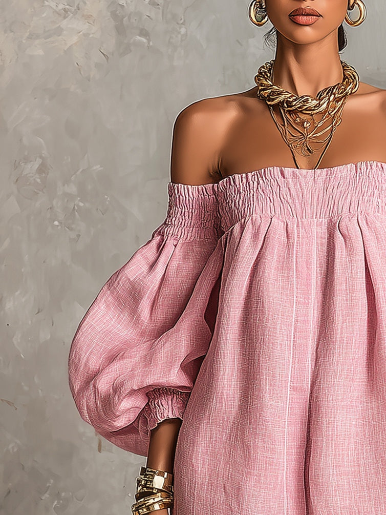 Violette | Vestido Mini Trapecio Rosa con Mangas de Linterna y Hombros Descubiertos