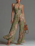 Salopette in Chiffon Verde Floreale con Scollo a V, Senza Maniche, con Zip e Pieghe, a Gamba Larga