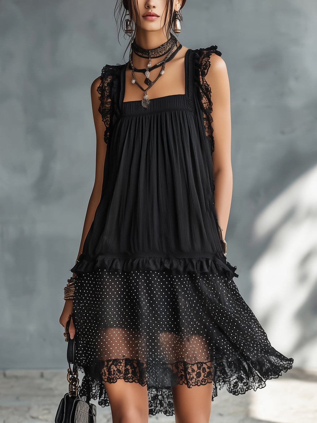 Pauline | Vestido Mini Transparente con Lunares, Volantes y Bordes de Encaje Negro
