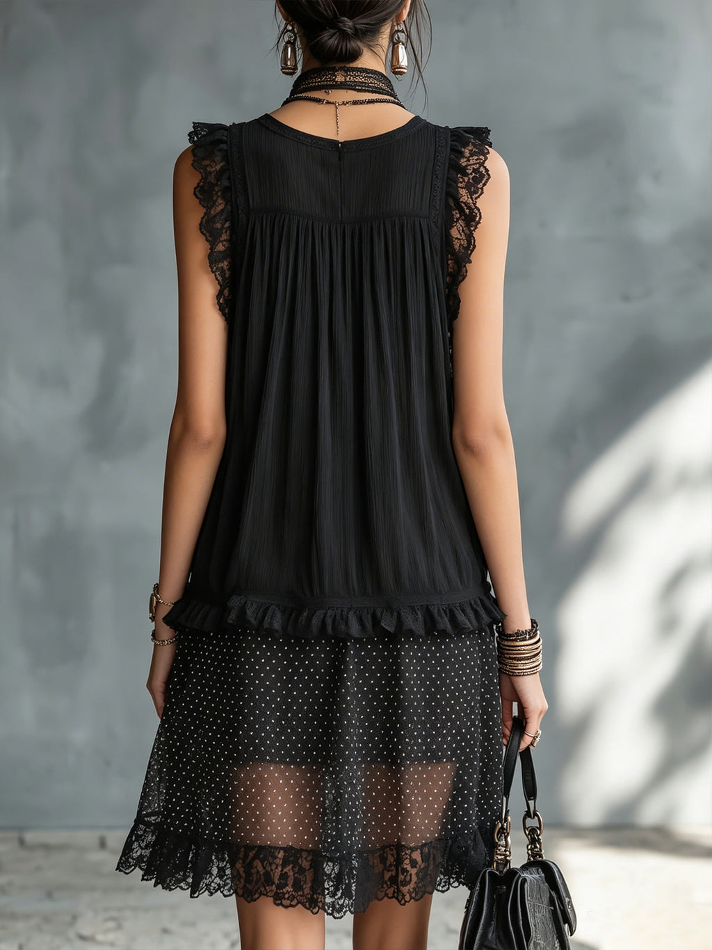 Pauline | Vestido Mini Transparente con Lunares, Volantes y Bordes de Encaje Negro