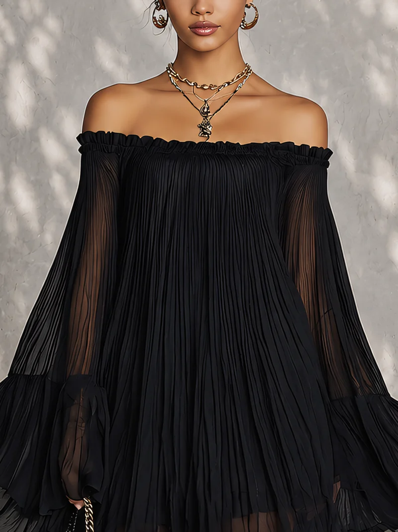 Océane | Vestido Mini Negro con Mangas de Campana y Hombros Descubiertos Fruncidos