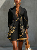 Léonie | Vestido Mini de Encaje de Ganchillo Negro con Motivos Dorados y Escote en V