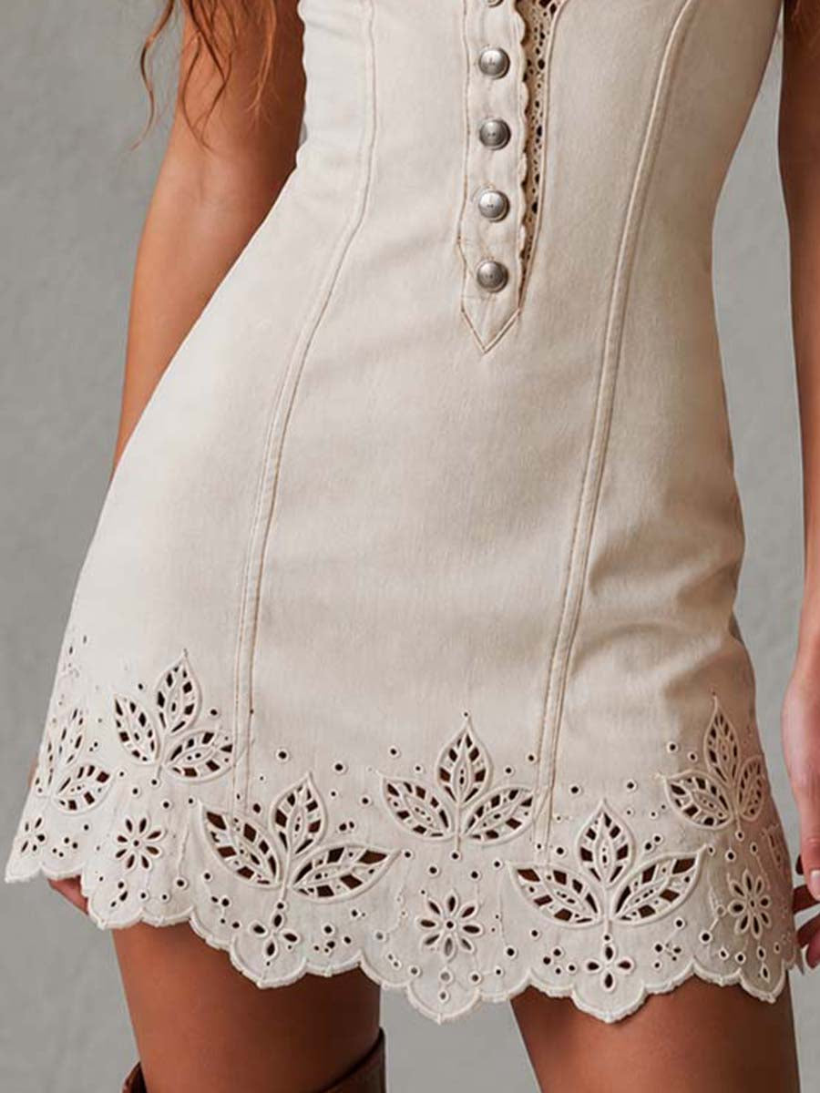 Gabrielle | Vestido Mini de Encaje Ajouré Marfil con Escote en V
