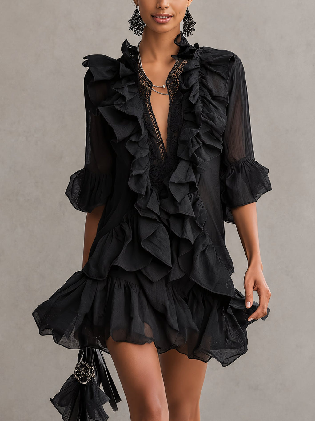 Anaïs | Vestido Mini de Muselina Negra con Volantes