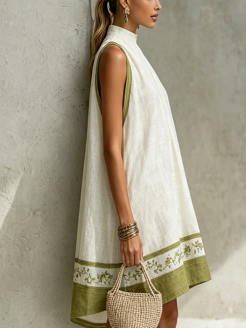 Agathe | Vestido Mini Corte A Sin Mangas Blanco y Verde Oliva con Flores