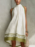 Agathe | Vestido Mini Corte A Sin Mangas Blanco y Verde Oliva con Flores
